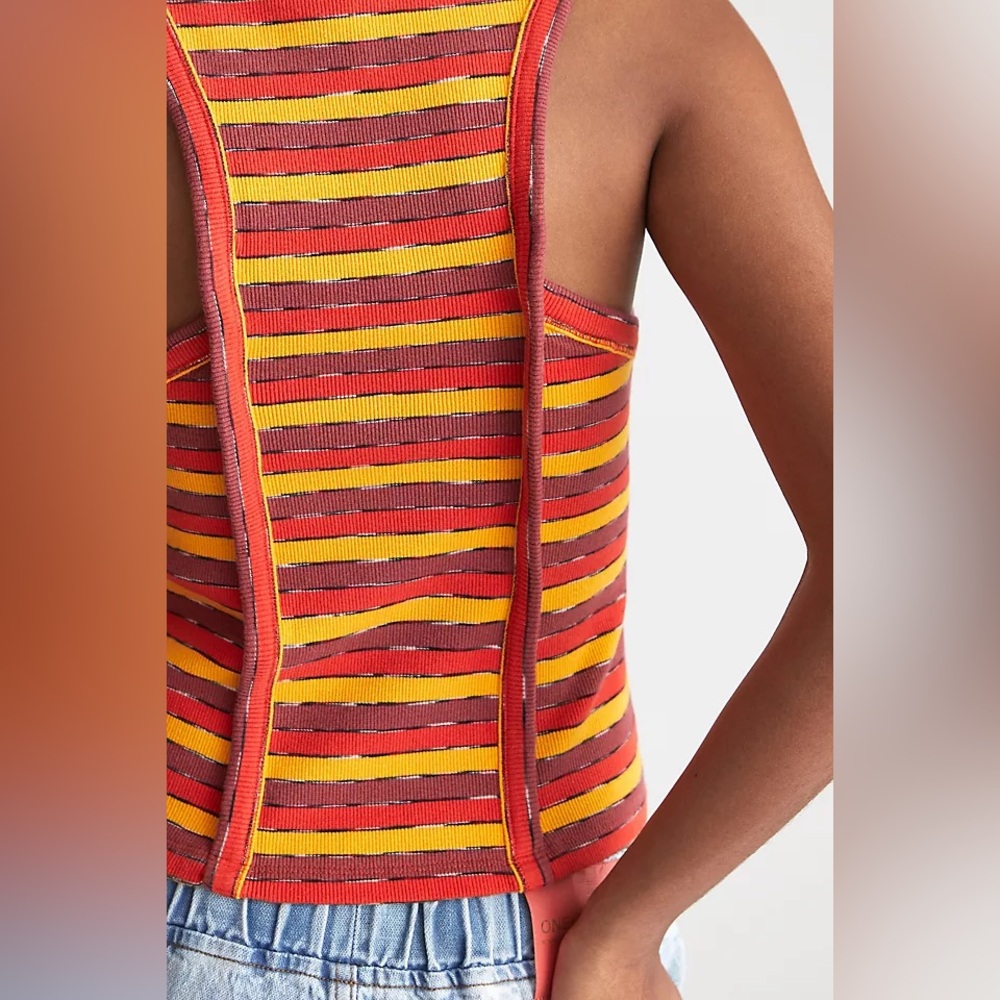 Anthropologie Striped Ribbed Racer Tank Sleeveless Top Red Yellow - Picture 2 of 6